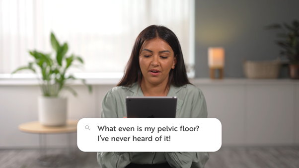 Midwife reading from tablet, text on screen: "What even is my pelvic floor I've never heard of it"