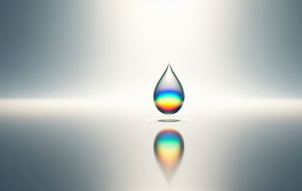 A single water droplet falls, reflecting a myriad of colours.