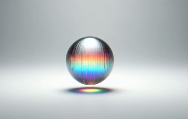 A rainbow-tinted ball of data falls toward a reflective surface, on a white background.